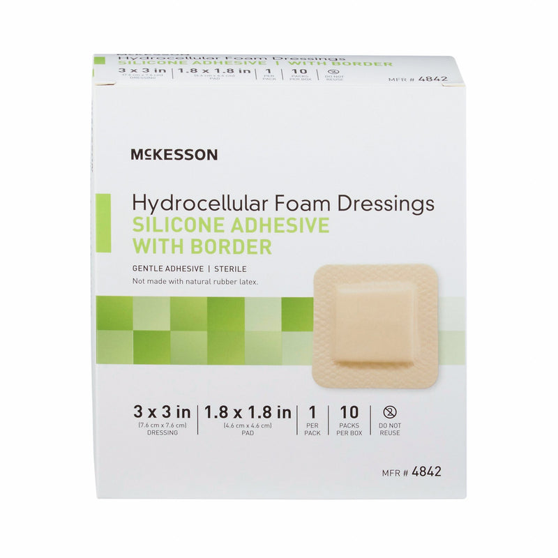 Foam Dressing McKesson 3 X 3 Inch With Border Film Backing Silicone Gel Adhesive Square Sterile #4842