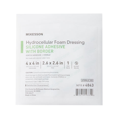 Foam Dressing McKesson 4 X 4 Inch With Border Film Backing Silicone Gel Adhesive Square Sterile #4843