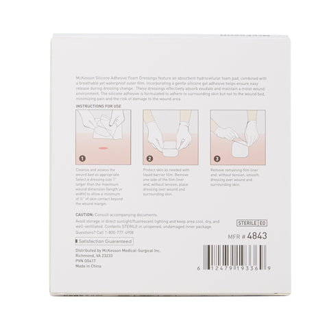 Foam Dressing McKesson 4 X 4 Inch With Border Film Backing Silicone Gel Adhesive Square Sterile #4843
