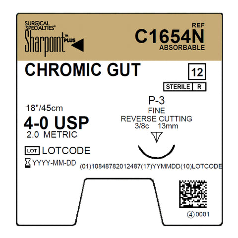 Absorbable Suture with Needle Surgical Specialties™ Chromic Gut DSM13 3/8 Circle Precision Reverse Cutting Needle Size 4-0 Monofilament #C1654N