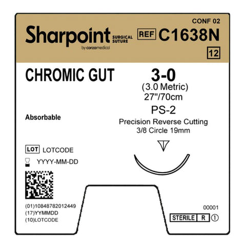 Absorbable Suture with Needle Surgical Specialties™ Chromic Gut DSM19 3/8 Circle Precision Reverse Cutting Needle Size 3-0 Monofilament #C1638N