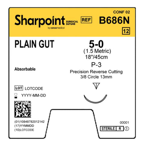 Absorbable Suture with Needle Surgical Specialties™ Plain Gut DS-12 3/8 Circle Precision Reverse Cutting Needle Size 5-0 Monofilament #B686N