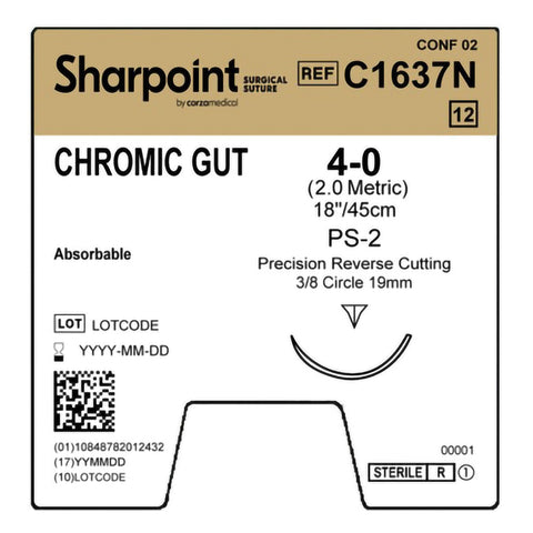 Absorbable Suture with Needle Surgical Specialties™ Chromic Gut PS-2 3/8 Circle Precision Reverse Cutting Needle Size 4-0 Monofilament #C1637N