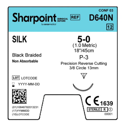 Nonabsorbable Suture with Needle Surgical Specialties™ Silk P-3 3/8 Circle Precision Reverse Cutting Needle Size 5-0 Braided #D640N