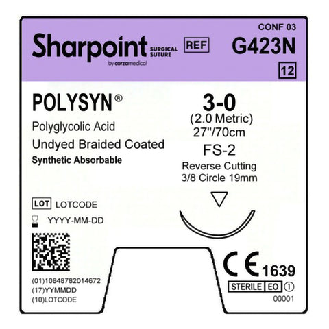 Absorbable Suture with Needle PolySyn™ Polyglycolic Acid FS-2 3/8 Circle Precision Reverse Cutting Needle Size 3-0 Braided #G423N
