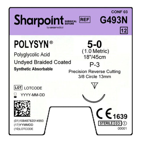 Absorbable Suture with Needle PolySyn™ Polyglycolic Acid P-3 3/8 Circle Precision Reverse Cutting Needle Size 5-0 Braided #G493N