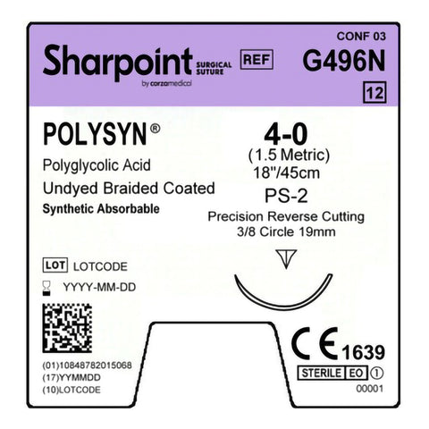 Absorbable Suture with Needle PolySyn™ Polyglycolic Acid PS-2 3/8 Circle Precision Reverse Cutting Needle Size 4-0 Braided #G496N