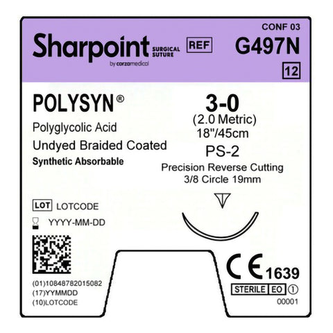 Absorbable Suture with Needle PolySyn™ Polyglycolic Acid PS-2 3/8 Circle Precision Reverse Cutting Needle Size 3-0 Braided #G497N