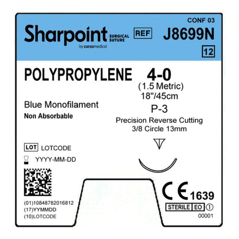 Nonabsorbable Suture with Needle Surgical Specialties™ Polypropylene P-3 3/8 Circle Precision Reverse Cutting Needle Size 4-0 Monofilament #J8699N