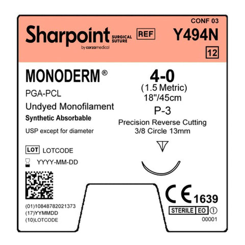 Absorbable Suture with Needle Monoderm™ Polyglycolic Acid / PCL P-3 3/8 Circle Precision Reverse Cutting Needle Size 4-0 Barbed Monofilament #Y494N