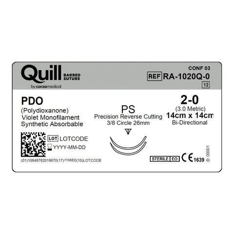 Absorbable Quill Barbed Suture with Needle Quill™ Polydioxanone 2DE-14 3/8 Circle Reverse Cutting Needle Size 2-0 Barbed Monofilament #RA-1020Q-0