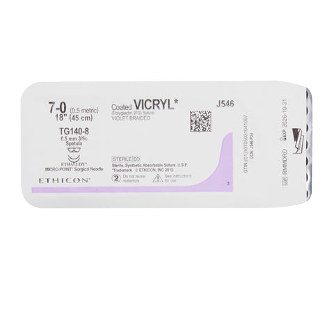 Absorbable Suture with Needle Coated Vicryl™ Polyglactin 910 TG140-8 3/8 Circle Spatula Needle Size 7-0 Braided #J546G