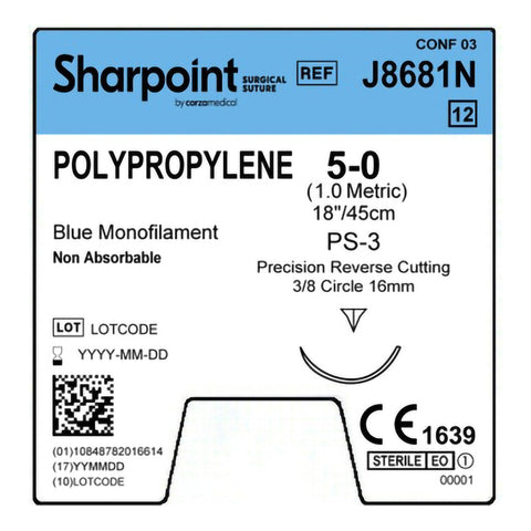 Nonabsorbable Suture with Needle Surgical Specialties™ Polypropylene PS-3 3/8 Circle Precision Reverse Cutting Needle Size 5-0 Monofilament #J8681N