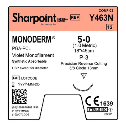 Absorbable Suture with Needle Monoderm™ Polyglycolic Acid / PCL P-3 3/8 Circle Precision Reverse Cutting Needle Size 5-0 Barbed Monofilament #Y463N