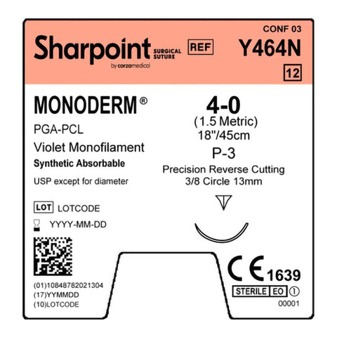 Absorbable Suture with Needle Monoderm™ Polyglycolic Acid / PCL P-3 3/8 Circle Precision Reverse Cutting Needle Size 4-0 Barbed Monofilament #Y464N