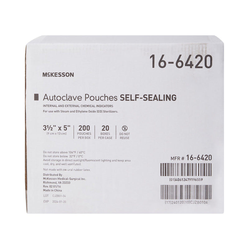 Sterilization Pouch McKesson Ethylene Oxide (EO) Gas / Steam 3-1/2 X 5 Inch Transparent Blue / White Self Seal Paper / Film #16-6420