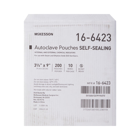 Sterilization Pouch McKesson Ethylene Oxide (EO) Gas / Steam 3-1/2 X 9 Inch Transparent Blue / White Self Seal Paper / Film #16-6423