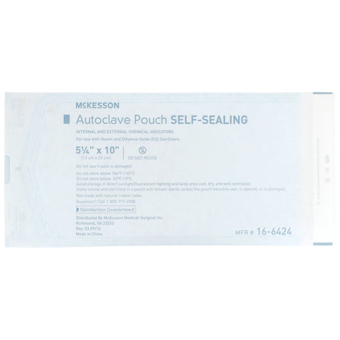 Sterilization Pouch McKesson Ethylene Oxide (EO) Gas / Steam 5-1/4 X 10 Inch Transparent Blue / White Self Seal Paper / Film #16-6424