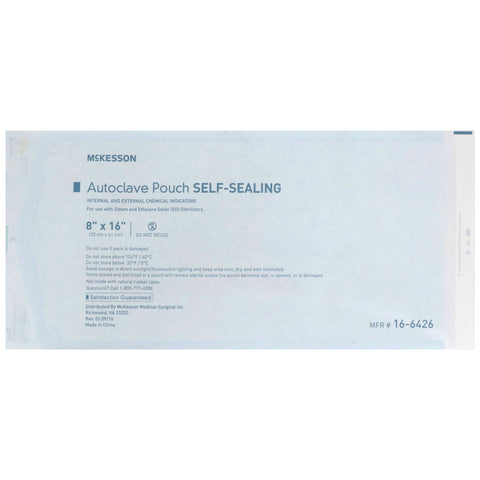 Sterilization Pouch McKesson Ethylene Oxide (EO) Gas / Steam 8 X 16 Inch Transparent Blue / White Self Seal Paper / Film #16-6426