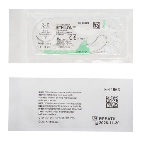 Nonabsorbable Suture with Needle Ethilon™ Nylon PS-1 3/8 Circle Reverse Cutting Needle Size 3-0 Monofilament #1663G