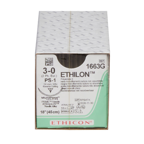 Nonabsorbable Suture with Needle Ethilon™ Nylon PS-1 3/8 Circle Reverse Cutting Needle Size 3-0 Monofilament #1663G