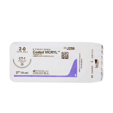 Absorbable Suture with Needle Coated Vicryl™ Polyglactin 910 CT-1 1/2 Circle Taper Point Needle Size 2-0 Braided #J259H