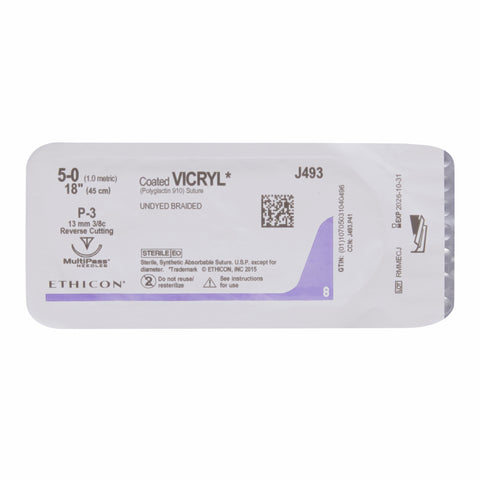 Absorbable Suture with Needle Coated Vicryl™ Polyglactin 910 P-3 3/8 Circle Precision Reverse Cutting Needle Size 5-0 Braided #J493G