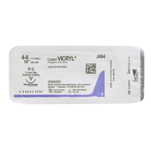 Absorbable Suture with Needle Coated Vicryl™ Polyglactin 910 P-3 3/8 Circle Precision Reverse Cutting Needle Size 4-0 Braided #J494G