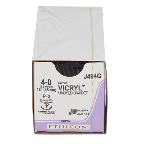 Absorbable Suture with Needle Coated Vicryl™ Polyglactin 910 P-3 3/8 Circle Precision Reverse Cutting Needle Size 4-0 Braided #J494G