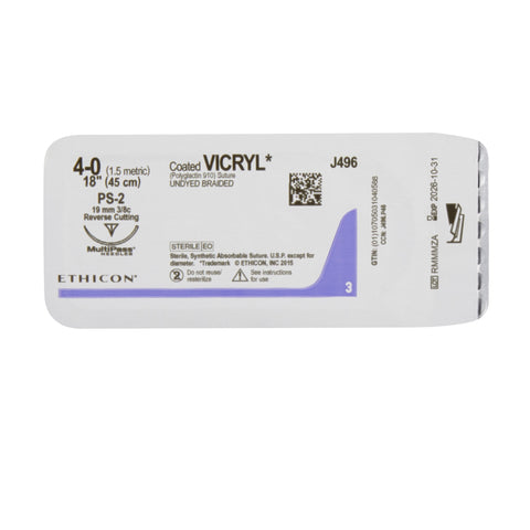 Absorbable Suture with Needle Coated Vicryl™ Polyglactin 910 PS-2 3/8 Circle Precision Reverse Cutting Needle Size 4-0 Braided #J496G