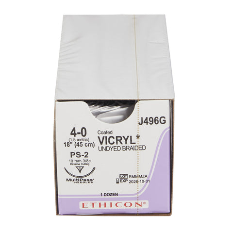 Absorbable Suture with Needle Coated Vicryl™ Polyglactin 910 PS-2 3/8 Circle Precision Reverse Cutting Needle Size 4-0 Braided #J496G