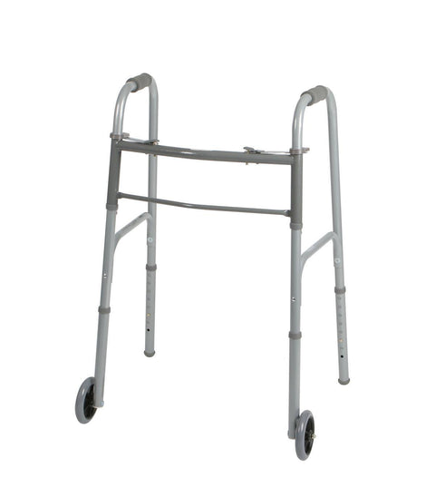 Medline 2-Button Folding Walker with 5" Wheels, Aluminum, 1 EA #MDS86410W54H