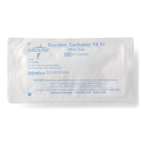 Medline Sterile Open Suction Catheter Mini Tray with Pair of Gloves, 14 Fr, Whistle Tip #DYND40982