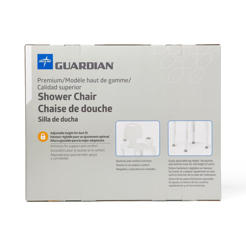 Medline Shower Chair with Backrest and Arms, 350 lb. Weight Capacity, Adjustable Legs, White Plastic, #G2-105RX1