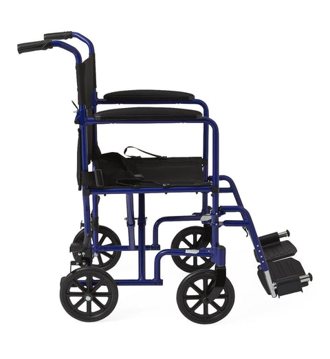 Medline Basic Aluminum Transport Chair with Permanent Full-Length Armrests, Detachable Footrests and 8" Wheels, 300 lb. Capacity, 19" W