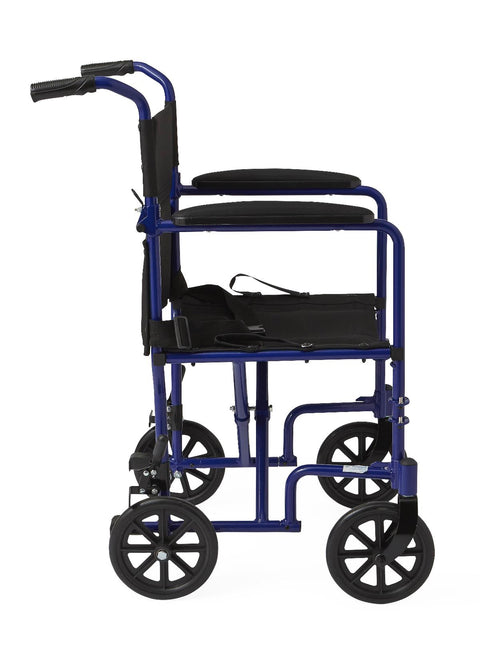 Medline Basic Aluminum Transport Chair with Permanent Full-Length Armrests, Detachable Footrests and 8" Wheels, 300 lb. Capacity, 19" W