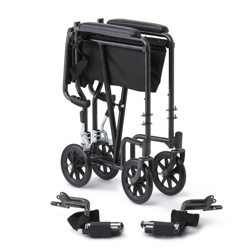 Medline Basic Steel Transport Chair with Permanent Full-Length Arms and Swing-Away Footrests, 250 lb. Capacity, 17" & 19" Wide, Black