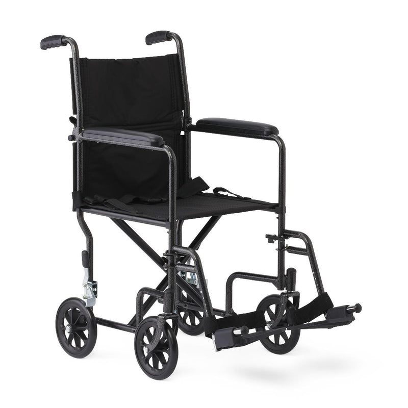 Medline Basic Steel Transport Chair with Permanent Full-Length Arms and Swing-Away Footrests, 250 lb. Capacity, 17" & 19" Wide, Black