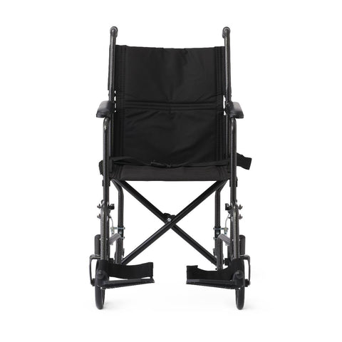 Medline Basic Steel Transport Chair with Permanent Full-Length Arms and Swing-Away Footrests, 250 lb. Capacity, 17" & 19" Wide, Black