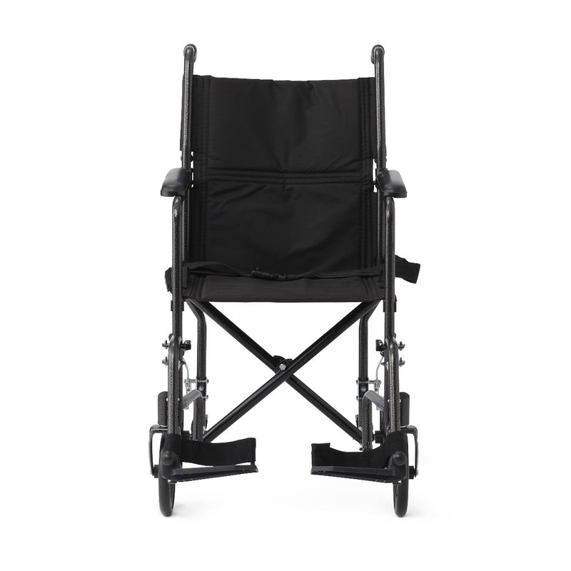 Medline Basic Steel Transport Chair with Permanent Full-Length Arms and Swing-Away Footrests, 250 lb. Capacity, 17" & 19" Wide, Black