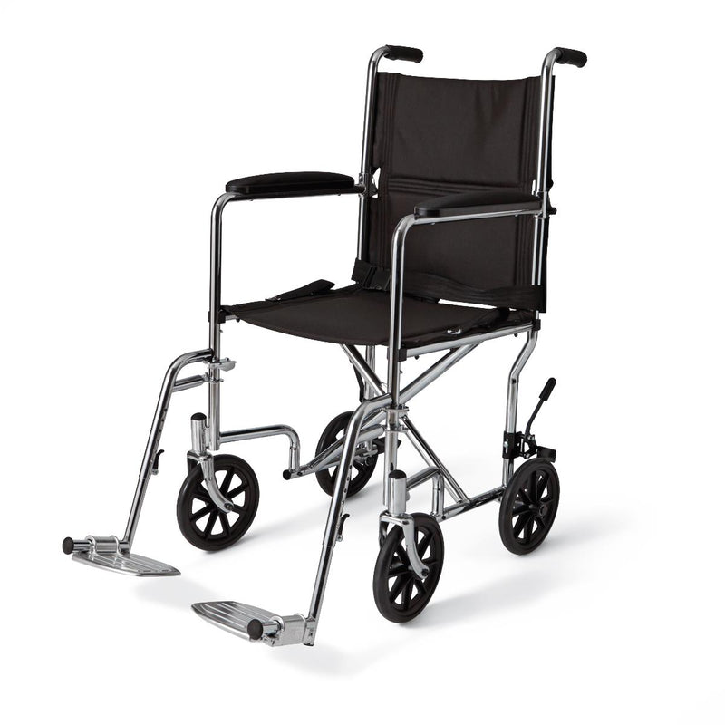 Medline Basic Steel Transport Chair with Permanent Full-Length Arms and Swing-Away Footrests, 300 lb. Capacity, 19" Wide, Chrome  #MDS808200