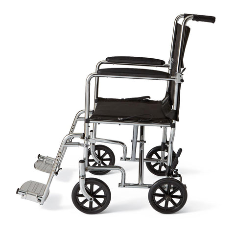 Medline Basic Steel Transport Chair with Permanent Full-Length Arms and Swing-Away Footrests, 300 lb. Capacity, 19" Wide, Chrome  #MDS808200