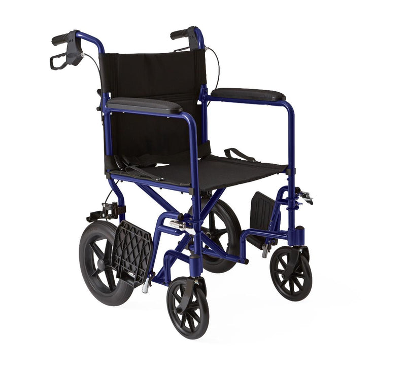 Medline Basic Aluminum Transport Chair with Permanent Full-Length Arms, Swing-Away Footrests and 12" Wheels