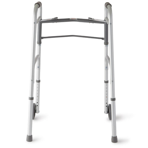 Medline 2-Button Folding Walker with 5" Wheels, Aluminum, 1 EA #MDS86410W54H