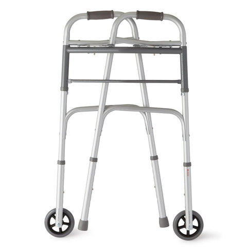 Medline 2-Button Folding Walker with 5" Wheels, Aluminum, 1 EA #MDS86410W54H