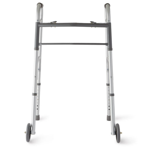 Medline 2-Button Folding Walker with 5" Wheels, Aluminum, 1 EA #MDS86410W54H
