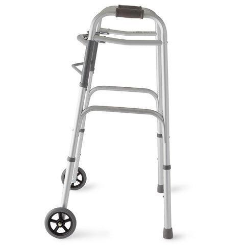 Medline 2-Button Folding Walker with 5" Wheels, Aluminum, 1 EA #MDS86410W54H