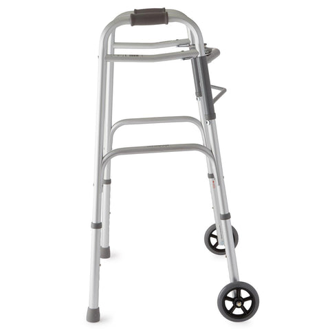 Medline 2-Button Folding Walker with 5" Wheels, Aluminum, 1 EA #MDS86410W54H