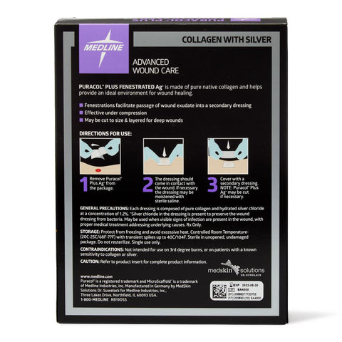 Puracol Plus Ag+ Collagen Wound Dressing with Silver, 4.25" x 4.5" Fenestrated