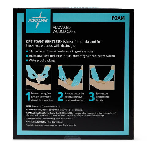 Medline Silicone Foam Dressing Optifoam® Gentle EX 5 X 5 Inch With Border Film Backing Silicone Face Square Sterile #MSCEX55EP